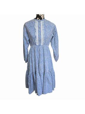 Vintage Blue Floral Long Sleeve Lace Prairie Dress 10 Medium Midi Cottage Core